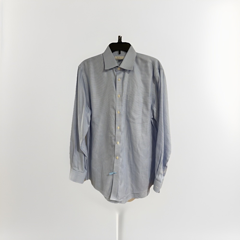 ENRO mens dress shirt blue white non iron neck 15.5 sleeve 34 35 cotton EUC C107